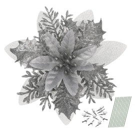 TOYANDONA 12Pcs Christmas Poinsettia Flowers, Artificial Glitter Poinsettia Flowers Home Party Wreath Decorations Christmas Tree Flowers Ornaments Party Decoration with Stems and Clips- Grey