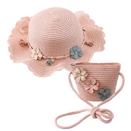 HIMKI Straw Hat Bag Set Children's Sun Hat Cute Summer Beach Hat + Straw Bag for Girls Travel Hat with Flower Decoration for Holiday Travel Outdoor, Head Circumference: 52-54 cm, Pink-a