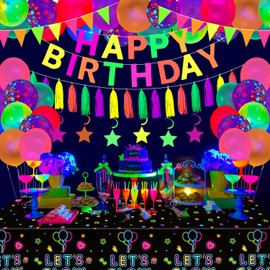 Glow Happy Birthday Party Supplies Glow Party Decorations Happy Birthday Banner, Luminous Balloons, Neon Paper Tassels, Neon Triangle Flag, Luminous