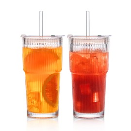 INSETLAN 20 oz Ribbed Glass Tumblers with Lids and Glass Straws – 2-Piece Glassware Set, Thickened Glass, Ideal for Iced Coffee, Smoothies, Cocktails, and Juices – Elegant and Durable Drinkware