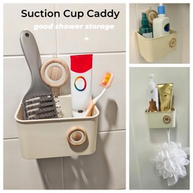 HONGYUETECH Suction Cup Shower Caddy, Plastic Shower Shelf with Drainage Bin, Vacuum-Lock Shower Organizer for Bathroom, Kitchen, RV, Hotel Storage (Original wood color-S)