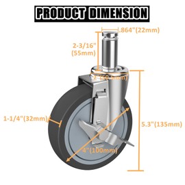 RILIDRI 4-Inch Caster for Wire Shelving Racks, Heavy Duty Scaffolding Wheel with Brake, Set of 4 Metro Shelving Replacement Wheels(.864" x 2-3/16")