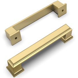 Amerdeco 10 Pack Brushed Gold Cabinet Pulls 3-3/4 Inch Hole Center Cabinet Hardware Solid Kitchen Cabinet Handles for Bathroom Drawer Pulls Dresser Pulls ZH0001