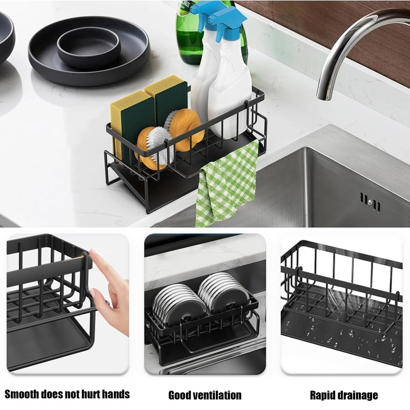 Ruikcoll Black Slim Kitchen Organiser, Sink Organiser with Drip Tray,