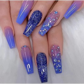 24 Pcs Press on Nails Medium, Coffin Fake Nails with Nail Glue, Blue Ombré Diamond False Nails with Designs Acrylic Nails Glue On Nails for Women