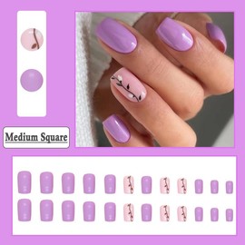 BAOYAALIN Press on Nails Short Medium Square Light Purple Fake Nails with Exquisite Vine Design Artificial Acrylic False Press ons Full Cover Stick on Nail for Women Girls Daily Wear Wedding 24Pcs