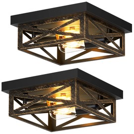 SKEJAO Black Flush Mount Ceiling Light Fixture,2-Light Square Rustic Metal Black Hallway Light Fixtures Ceiling,Vintage Light Fixtures Ceiling Mount for Farmhouse,Kitchen,Hall,Bedroom (2 Pack)