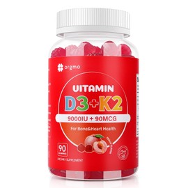 ORGMO ORGMO D3 K2 Vitamin 10000 IU Supplement Gummies Sugar Free for Women Adult Muscle Teeth Immune Support 90 Counts, Peach Flavor