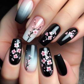 24 Pcs Spring Press On Nails Short Ballerina Square,YEFIUO Medium Black Fake Nails Press ons Nail Art Tips Acrylic Nail Kit Glue on Nails Full Cover False Nails with Flowers Glossy Design for Women