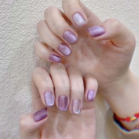 Press on Nails Short Square Fake Nails Purple False Nails with Design Glitter Full Cover Acrylic Nails Glossy Glue on Nail Shiny Artificial Stick on Nails for Women Girls Manicure 30Pcs