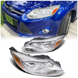 ECOTRIC Pair Headlights Compatible with 2012-2014 Ford Focus Head Lamps Left+Right/Driver+Passenger Chrome Housing Trim(Halogen Type)