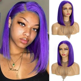 RUOXUAN Purple 5x5 Lace Front Short Bob Wigs Human Hair For Women Pre Plucked Pre Cut Purple Glueless Wigs Human Hair 180% Density Straight Frontal Lace Colored Wig Short Bob 10 Inch