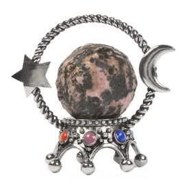 Justinstones Matrix Rhodonite Rough Moon Sphere Luna Surface Texture 40mm Ball Gemstone Crystal Healing Care Office Decor Stone Crafts with 7 Chakra Crown Holder