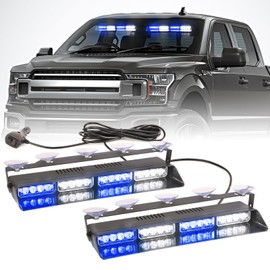 PKINGLAKE 2 in 1 LED Emergency Dash Strobe Light Bar Front/Rear Windshield Safety Flashing Warning Hazard Interior Lights for Police Firefighter Construction Vehicles Trucks (2x14 inch, Blue/White)