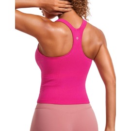 CRZ YOGA Seamless Ribbed Womens Tank Top Racerback Camisoles with Built in Bra Padded Scoop Neck Athletic Workout Slim Tanks Granita Pink Small