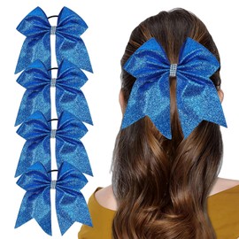 Nishine 4 PCS 7" Glitter Cheer Hair Bows with Ponytail Holder Cheerleading Hair Ties for Teen Girls Cheerleaders (Sapphire)