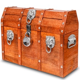 Vizayo Handmade Pirate Treasure Chest with Lock and Keys - 16 x 12 Inch Vintage Wooden Storage Trunk with Hinged Lid - Antique Storage Decorative Box Made of Strong and Durable Mango Wood (Orange)