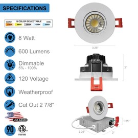 Quest LED 3 Inch Adjustable Gimbal LED Round Canless Recessed Lights White Trim (4 Pack), 5 CCT: 2700K - 5000K Selectable, 8 Watt 600 Lumens, CRI 90, Recessed LED Lights, Dimmable, 5000K Day Light