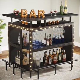 Tribesigns L-Shaped Home Bar with Stemware Racks, Shelves, Footrest - Corner Mini Bar Cabinet for Kitchen/Home/Pub, Black