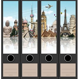Set of 4 Wide Folder Spine World Monuments Paris London Cairo Holiday File Art Folder Labels Decoration AJ 2203