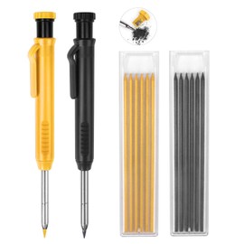 MECHEER 2 Pack Carpenter Pencils Construction Pencil with 12 Refills, Mechanical Carpenter Pencils with Built-in Sharpener, Long Nib Deep Hole Heavy Duty Woodworking Pencil Marker (Black, Yellow)