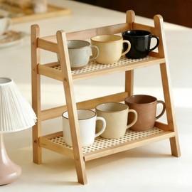 Cup Rack 2-Tier Bamboo Cup Holder, Standing Coffee Station Organiser | 44 x 18 x 28 cm Matcha Station Shelf, Coffee Shelf Kitchen Countertop, Coffee Rack for Home, Kitchen, Office