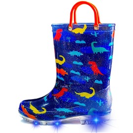 Greentiming Toddler Wellies for Girls Boys, Light Up Waterproof Wellington Boots with Pull On Handles, Wellies for Kids Size 8 UK Child, Navy Dinosaur