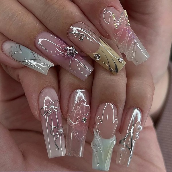 24 Pcs Long Coffin Press on Nails Ballerina Fake Nails