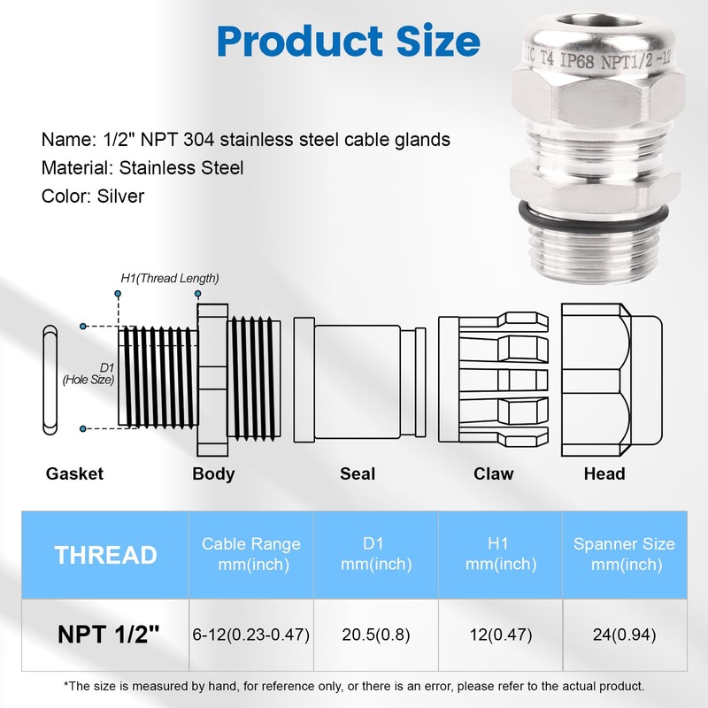 2 Pcs 1/2" NPT Stainless Steel Waterproof Cable Gland, IP68