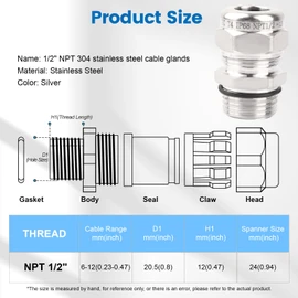 2 Pcs 1/2" NPT Stainless Steel Waterproof Cable Gland, IP68 Waterproof Adjustable Cable Glands, Strain Relief Cord Grip Connectors with Gaskets and Locknut for 6-12mm Cable Diameter