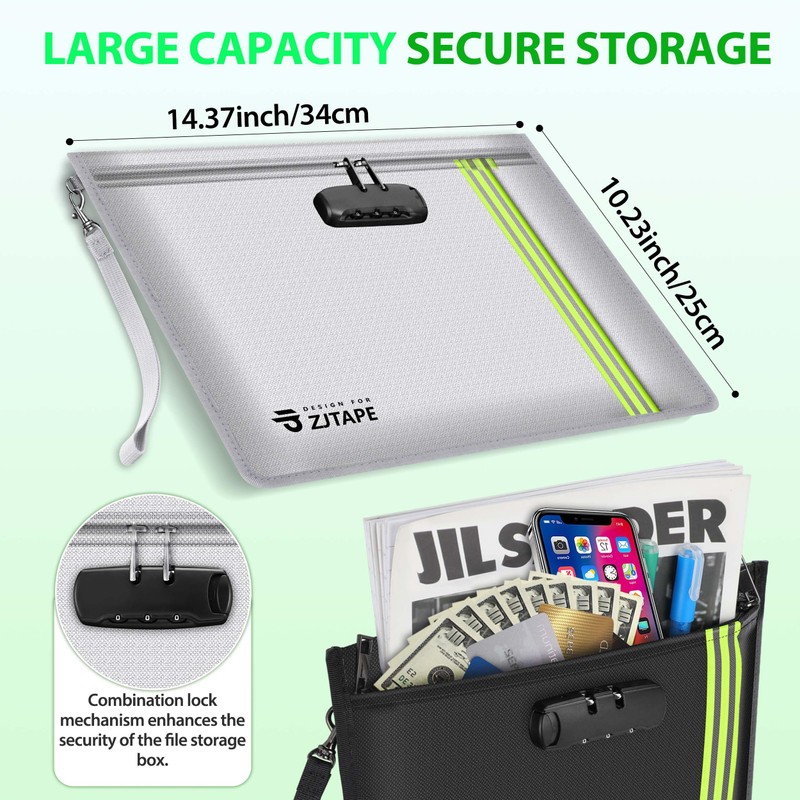 ZJTAPE Fireproof and Waterproof Bag with Lock - Document Bag