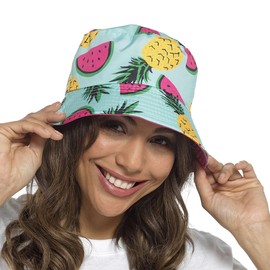 Thingimijigs Ladies Reversible Bucket Hat Festival Summer Sun Hat - Pink/Fruit Print M/L