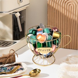 Guolich Coffee Capsule Basket, Coffee Pods Storage, Coffee Capsules Storage, Metal Wire Cup Coffee Basket, Monkey Basket, for Storing Coffee Capsules and Fruits for Counter and Coffee Bar (Gold)