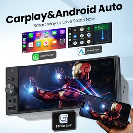 6.9" Single DIN Car Stereo with Apple CarPlay & Android Auto, IPS Touch Screen Car Radio with 1080P Backup Camera, Bluetooth Hands-Free, Mirror Link, GPS Navigation, AM/FM, EQ, SWC