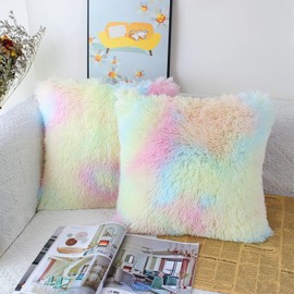 OYIMUA Set of 2 50 x 50cm Faux Fur Fluffy Cushion Covers Soft Throw Pillow Case 20x20 Rainbow Decorative Square Plush Pillowcase for Livingroom Sofa Bedroom