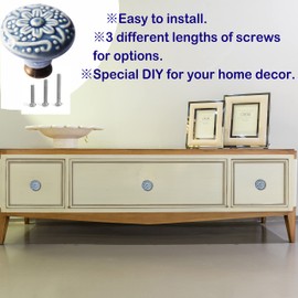 Perphin 1-2/5 inch Ceramic Kitchen Cabinet Knobs for Drawer Dresser Knobs Pulls Round Dresser Knobs Drawer Handles and Pulls for Home Furniture Decor Ceramic Knobs with 3 Size Screws (6, Blue)