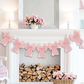 7Pcs Pink Bow Garland Banners - Large Pink Bows with Beads for Coquette Birthday, Bow Party Decoration Supplies for Bridal Shower Baby Shower Wedding Bachelorette Party