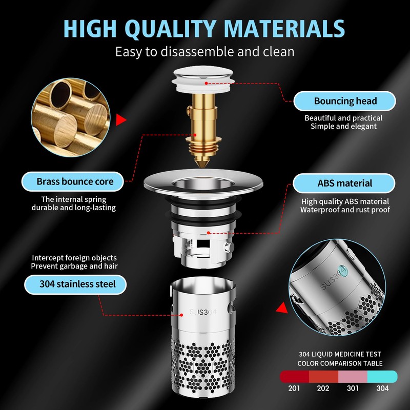 Upgraded Bathroom Sink Plug, 304 Stainless Steel Pop Up Drain
