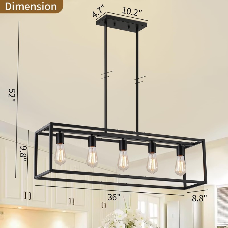 Yusist 5-Light Dining Room Light Fixture,Black Farmhouse Kitchen Island Lighting,Rustic