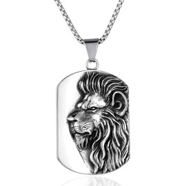 BIYONGDE Vintage Stainless Steel Lion Head Dogtag Pendant Necklace for Men Women, 28 inches Chain