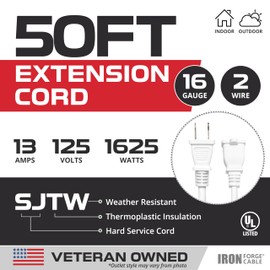 Iron Forge Cable 2 Prong Outdoor Extension Cord 50 ft - 16 Gauge 13 Amp Heavy Duty Power Extension Cords - SJTW - Great for Outdoor/Indoor Lights, Small Appliances, Leaf Blower - White