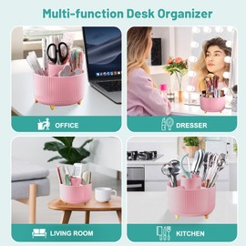 Lenfuos Desk Organiser, 360 Degree Rotating Office Organiser, Pen Holder, 5 Sorting Compartments for Pens, Stapler, Folder Clips, Sticky Notes, Space Saving Desk Organiser (Pink)