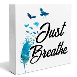 Inspirational Decor Farmhouse Just Breathe Wood Box Sign Motivational Decorations Rustic Home Office Desk Shelf Tabletop Decor