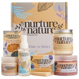 NURTURE BY NATURE Relax & Calm Christmas Gift Basket – Spa Gifts for Women with Bath Bomb, Hand Cream, Lavender Pillow Mist & Scented Candle - Vegan - Stocking Stuffers, Holiday Gifts, Gifts for Mom