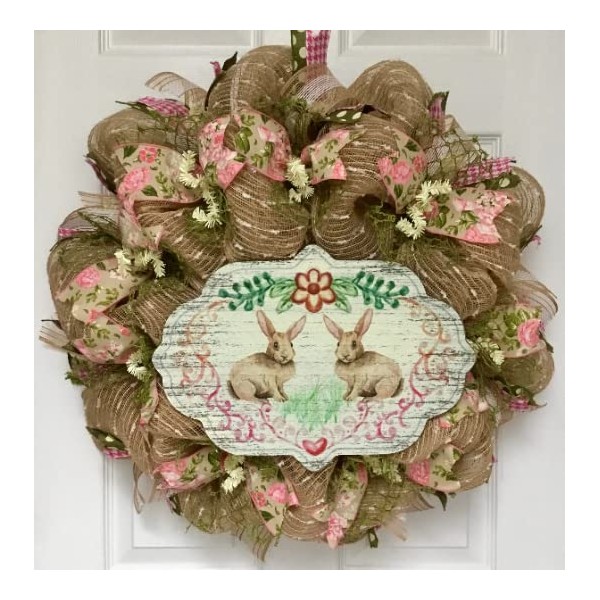 Burlap Bunny Easter or Baby Wreath Handmade Deco Mesh