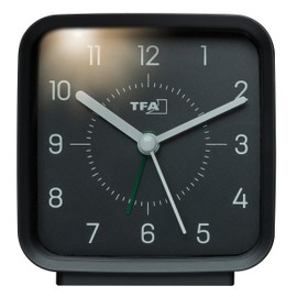 TFA Dostmann 60.1044 Non-Ticking Analogue Alarm Clock with Sweep Movement Alarm Easy to Read for Bedside Table Modern Includes Light with Snooze Function Black/Green
