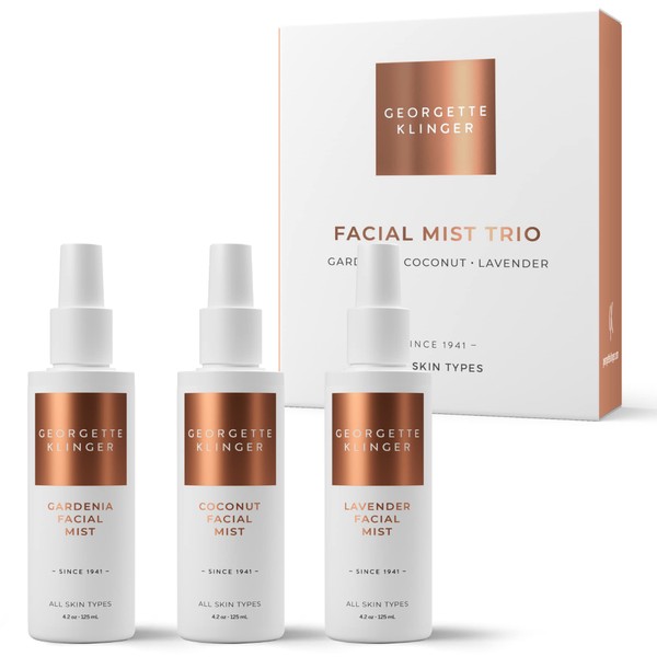 Georgette Klinger Facial Mist Trio - Face Spray Gift Set: Makeup Setting, Pillow, & Dewy Glow Hydration Kit With Nourishing Coconut, Soothing Lavender, and Invigorating Gardenia - 4.2 oz Each