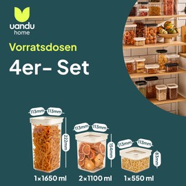 uandu Storage Jars with Lid Airtight - Set of 4 Storage Containers | Storage Box Kitchen Storage & Organisation | BPA Free | Kitchen Organiser | Storage Jars for All Dry Foods