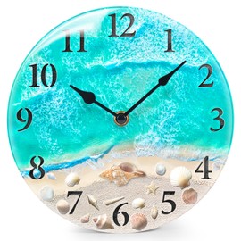 Coastal Nautical Glass Wall Clock with Seashell Design and Aesthetic Beach Theme - Battery Operated Silent Wall Decor for Home, Kitchen, Living Room, Office, Bedroom, or Bathroom (8 Inch,Teal)