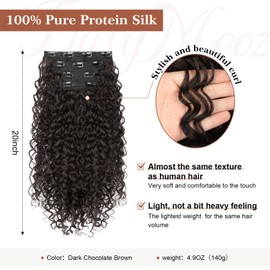 Clip in Hair Extensions, FLUFYMOOZ 4PC 100％ Pure Protein Silk Hair Extensions Long Soft Natural Hairpiece 20 Inch Curly Hair Extension for Women (Dark Chocolate Brown)